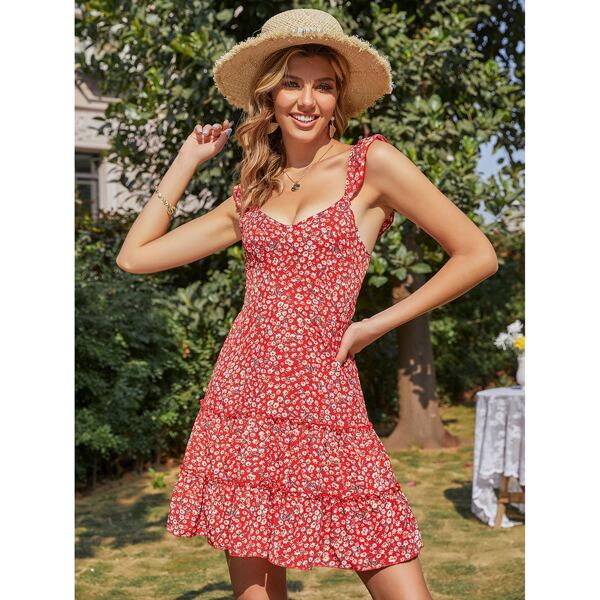 

Ruffle Trim Tie Back Layered Hem Ditsy Floral Dress, Red
