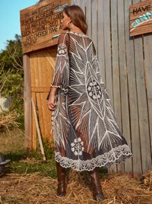 Breezaya Kimono largo de malla bordada, playa de verano - Blanco y Negro - Ver 2