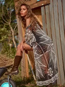 Breezaya Kimono largo de malla bordada, playa de verano - Blanco y Negro - Ver 5