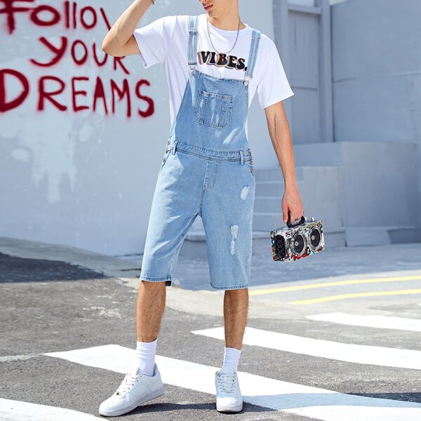 

Men Pocket Front Ripped Denim Overall, Light wash