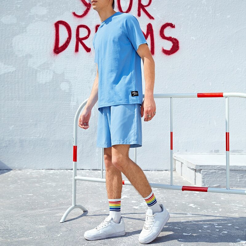 

Guys Letter Patched Tee & Track Shorts, Baby blue