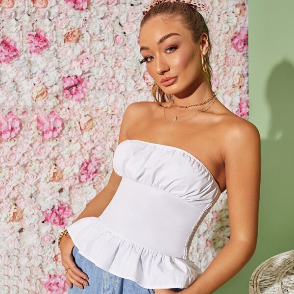 

Shirred Back Ruched Bust Ruffle Hem Tube Top, White