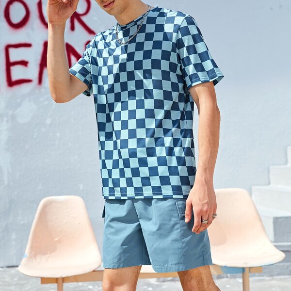 

Men Checker Print Tee & Drawstring Waist Shorts, Blue