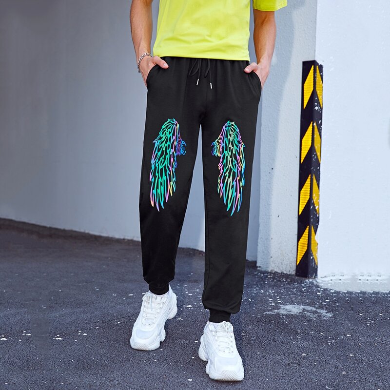 

Guys Wings Print Drawstring Waist Sweatpants, Black
