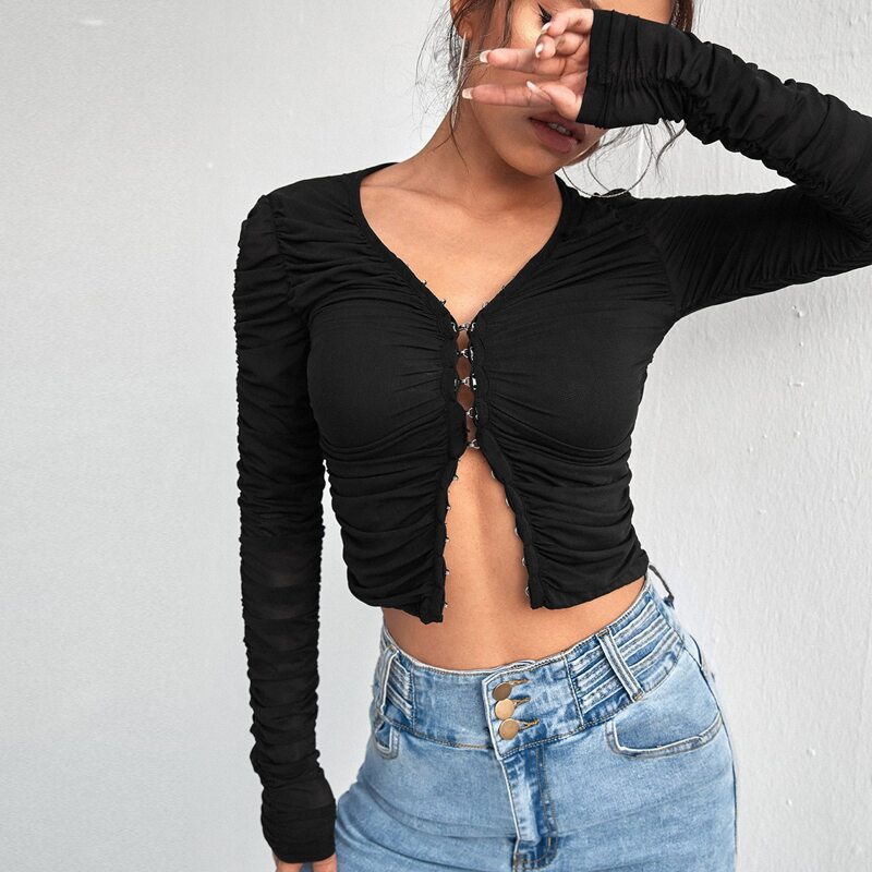

Hook and Eye Placket Ruched Mesh Top, Black