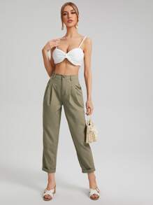 SHEIN Roll Up Hem Solid Trousers - Army Green - View 3
