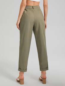 SHEIN Roll Up Hem Solid Trousers - Army Green - View 2
