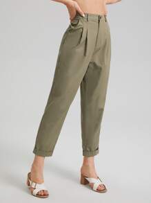 SHEIN Roll Up Hem Solid Trousers - Army Green - View 4