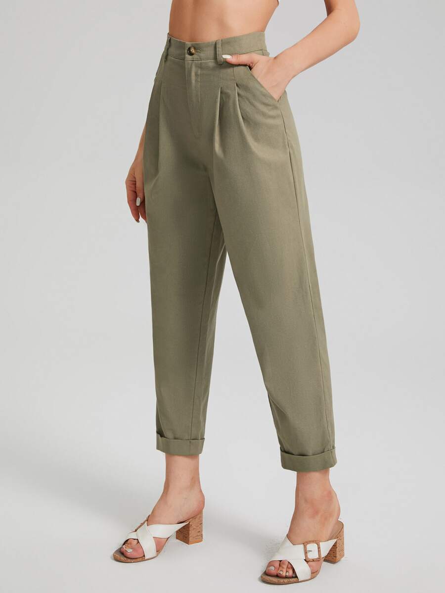 SHEIN Roll Up Hem Solid Trousers - Army Green - View 1