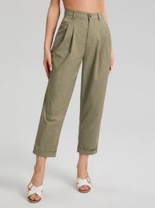 SHEIN Roll Up Hem Solid Trousers - Army Green - View 5