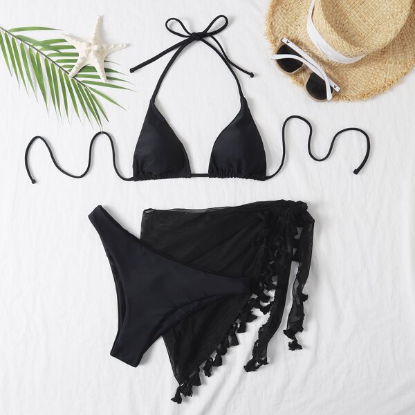

3pack Triangle Bikini Swimsuit & Tassel Beach Skirt, Black