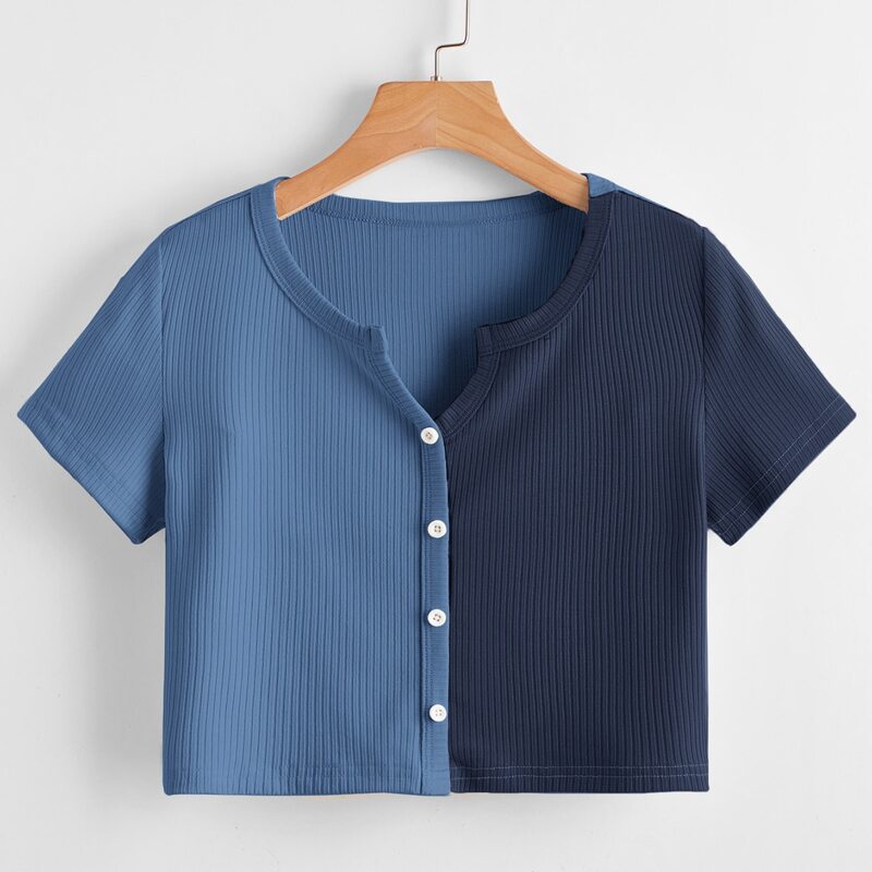 

Colorblock Button Front Ribbed Crop Tee, Multicolor