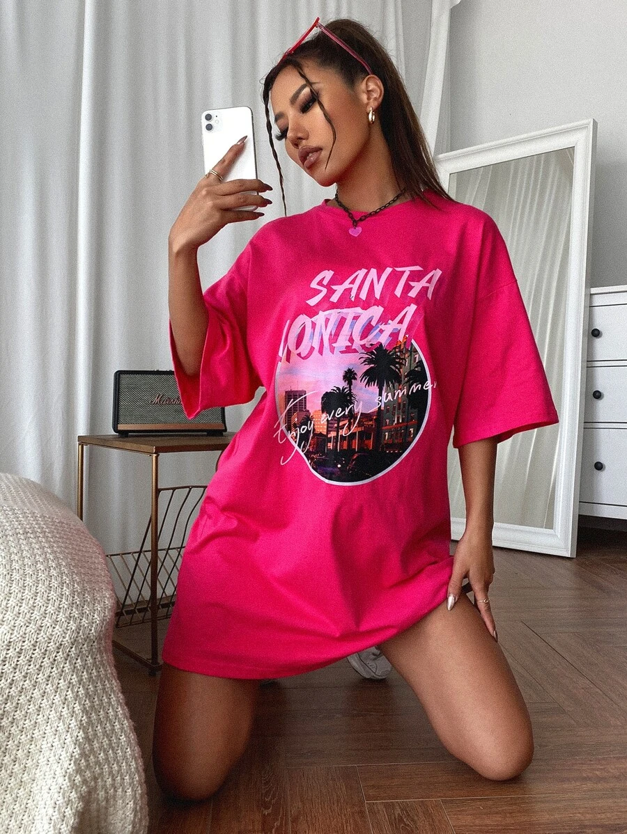 SHEIN Unity Đầm Lá thư Giải trí - Màu Hồng Tươi - Xem 1