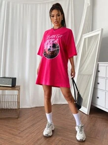 SHEIN Unity Đầm Lá thư Giải trí - Màu Hồng Tươi - Xem 3