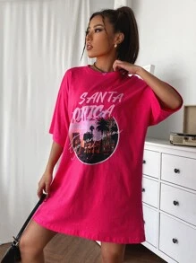 SHEIN Unity Đầm Lá thư Giải trí - Màu Hồng Tươi - Xem 4