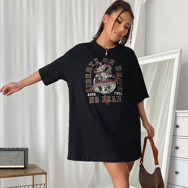 

Chinese Dragon & Slogan Graphic Drop Shoulder Tee Dress, Black