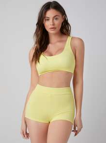 SHEIN Shorts bikini de canalé - Amarillo - Ver 3