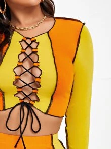 SHEIN SXY Contrast Stitch Lace Up Colorblock Tee & Skirt Set