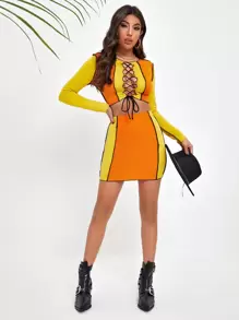 SHEIN SXY Contrast Stitch Lace Up Colorblock Tee & Skirt Set