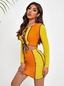 SHEIN SXY Contrast Stitch Lace Up Colorblock Tee & Skirt Set