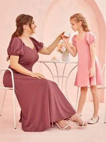 SHEIN Unity Plus 1pc Puff Sleeve Solid Dress - Redwood - View 2