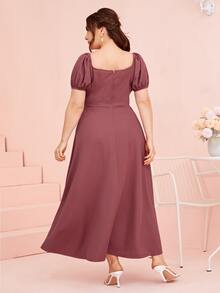 SHEIN Unity Plus 1pc Puff Sleeve Solid Dress - Redwood - View 3