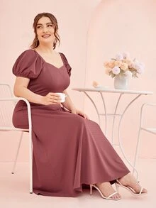 SHEIN Unity Plus 1pc Puff Sleeve Solid Dress - Redwood - View 4