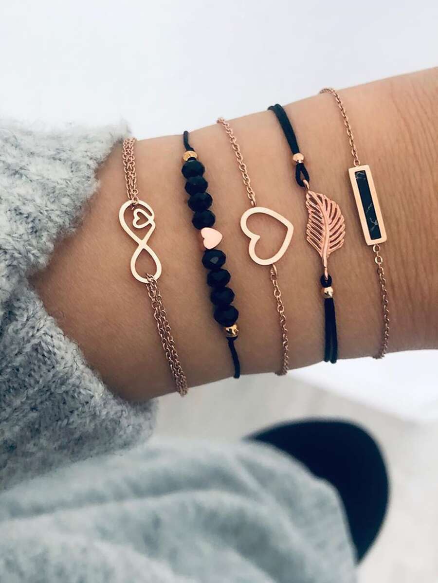 5pcs Heart & Leaf Decor Bracelet Valentines,Mom,Mother,Mother's Day,Gift - Yellow Gold - View 1