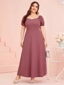 SHEIN Unity Plus 1pc Puff Sleeve Solid Dress - Redwood - View 1