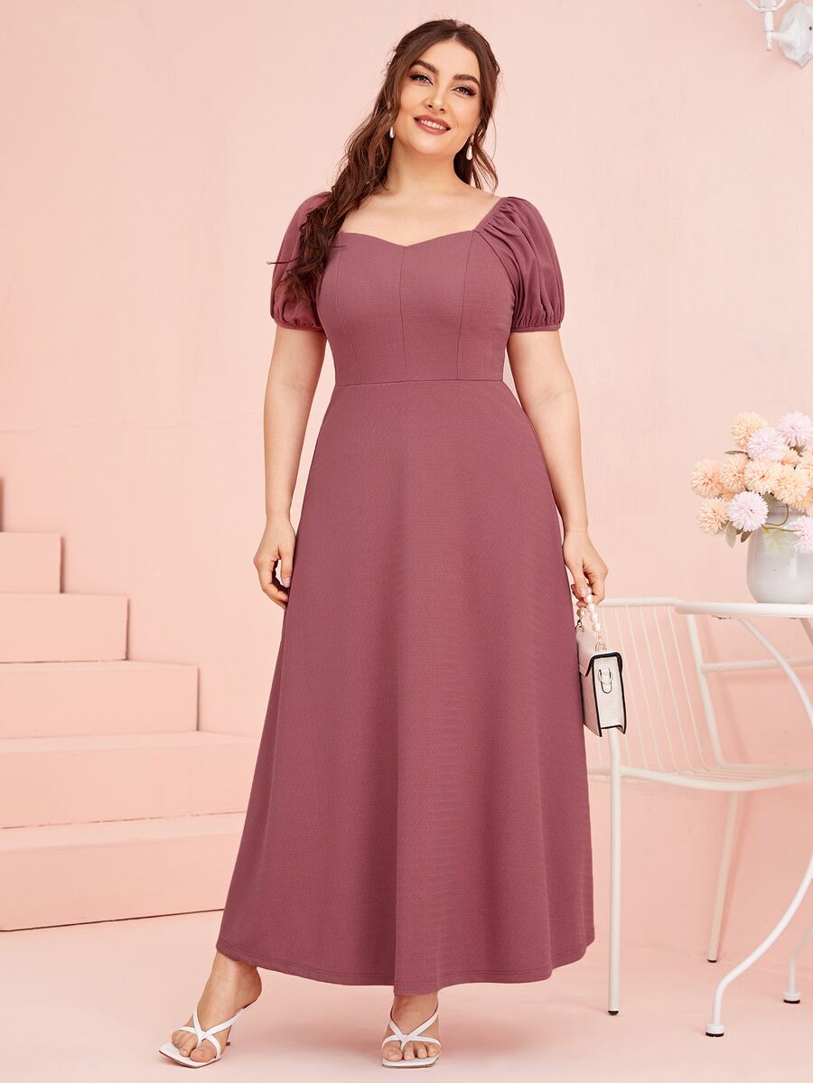 SHEIN Unity Plus 1pc Puff Sleeve Solid Dress - Redwood - View 1