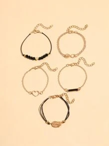 5pcs Heart & Leaf Decor Bracelet Valentines,Mom,Mother,Mother's Day,Gift - Yellow Gold - View 3