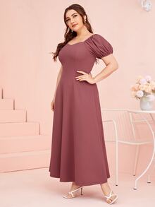 SHEIN Unity Plus 1pc Puff Sleeve Solid Dress - Redwood - View 6