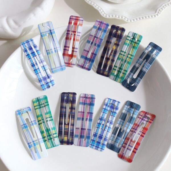 

14pcs Toddler Girls Plaid Print Hair Clip, Multicolor