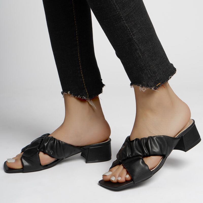 

Ruched Band Chunky Heeled Mules, Black