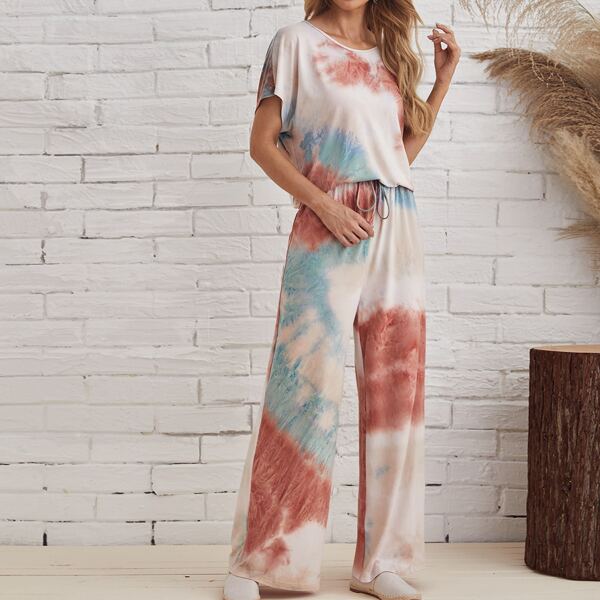 

Batwing Sleeve Tie Dye Top & Pants Set, Multicolor
