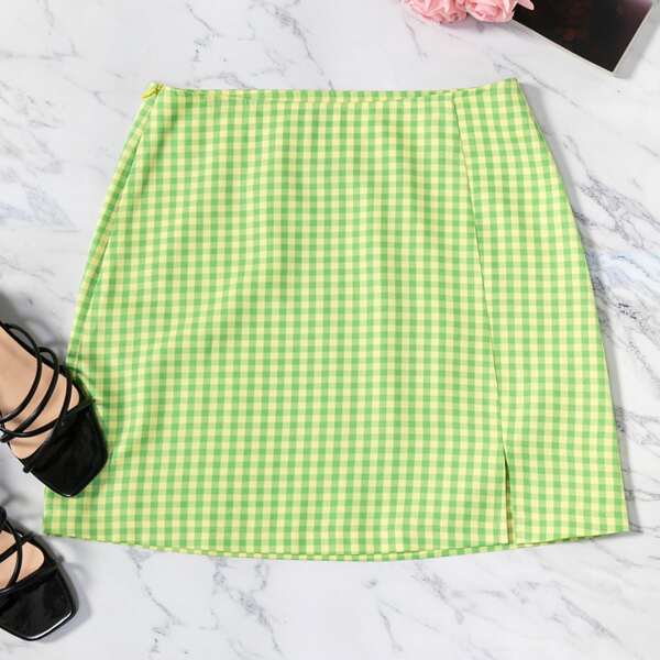 

Split Hem Gingham Mini Skirt, Green