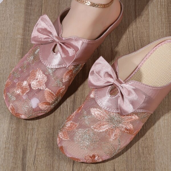 

Bow Decor Floral Embroidery Mesh Flat Mules, Pink