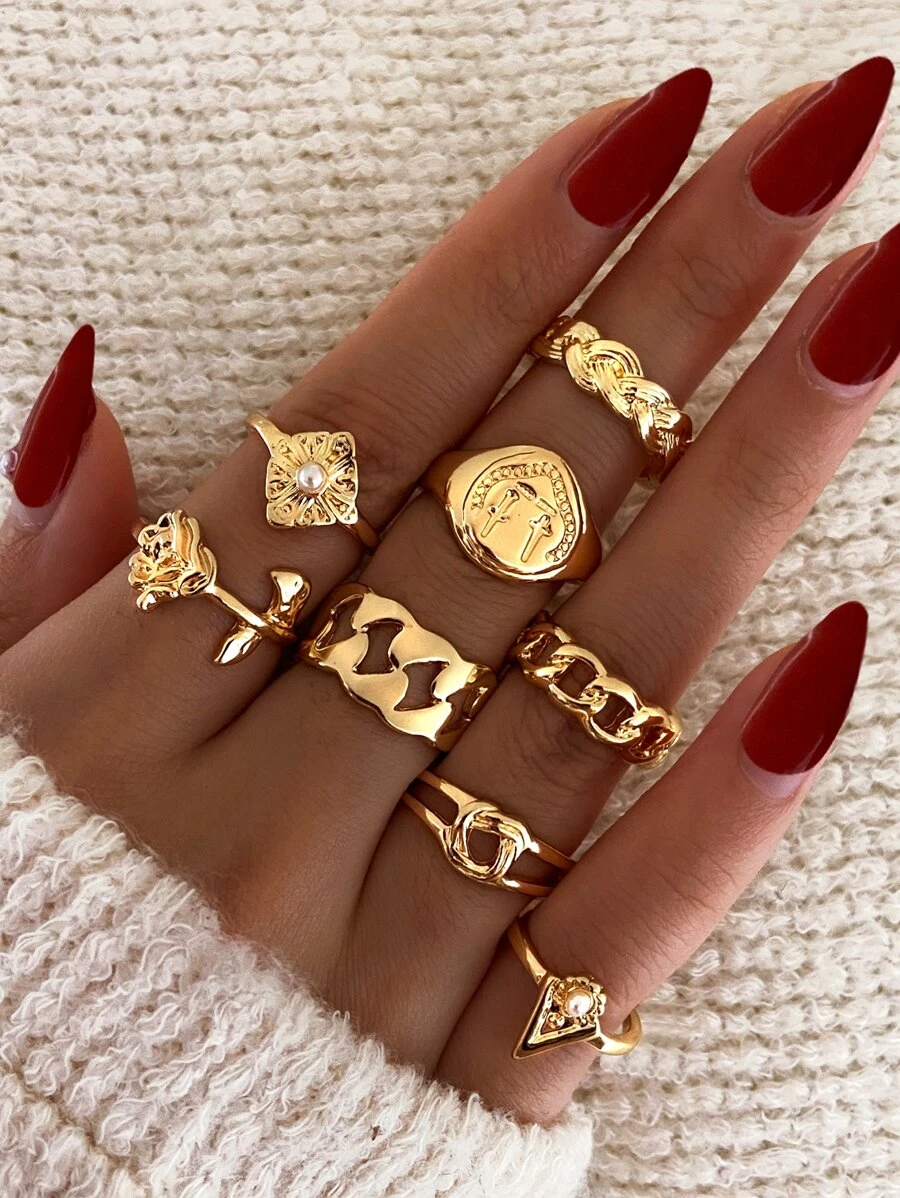 8 chiếc nhẫn trang trí hoa kim loại Valentine, Mẹ, Mẹ, Ngày của Mẹ, Quà tặng - Vàng - Xem 1