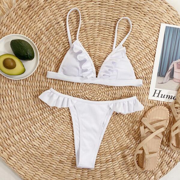 

Rib Ruffle Micro Triangle Thong Bikini Swimsuit, White