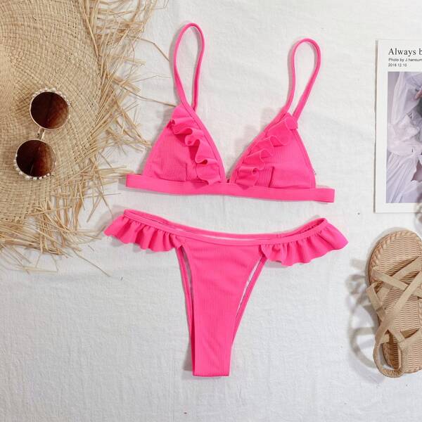 

Rib Ruffle Micro Triangle Thong Bikini Swimsuit, Hot pink