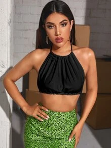 Backless Knotted Crop Halter Top - Black - View 1