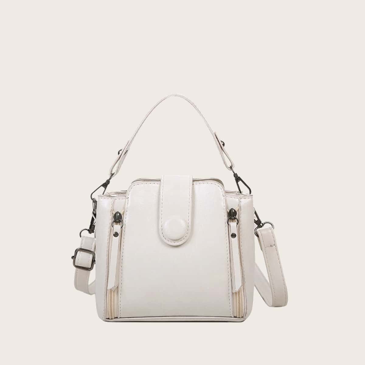 

Solid Zip Decor Satchel Bag, White