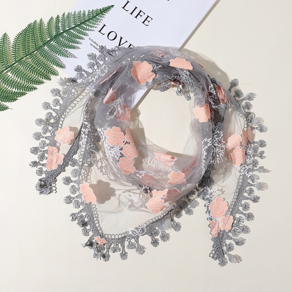 

Flower Print Scarf, Grey