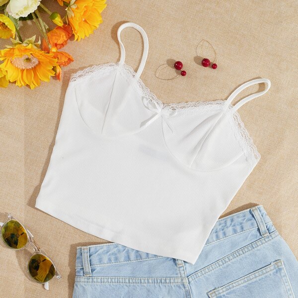 

Lace Trim Tie Front Rib-knit Cami Top, White
