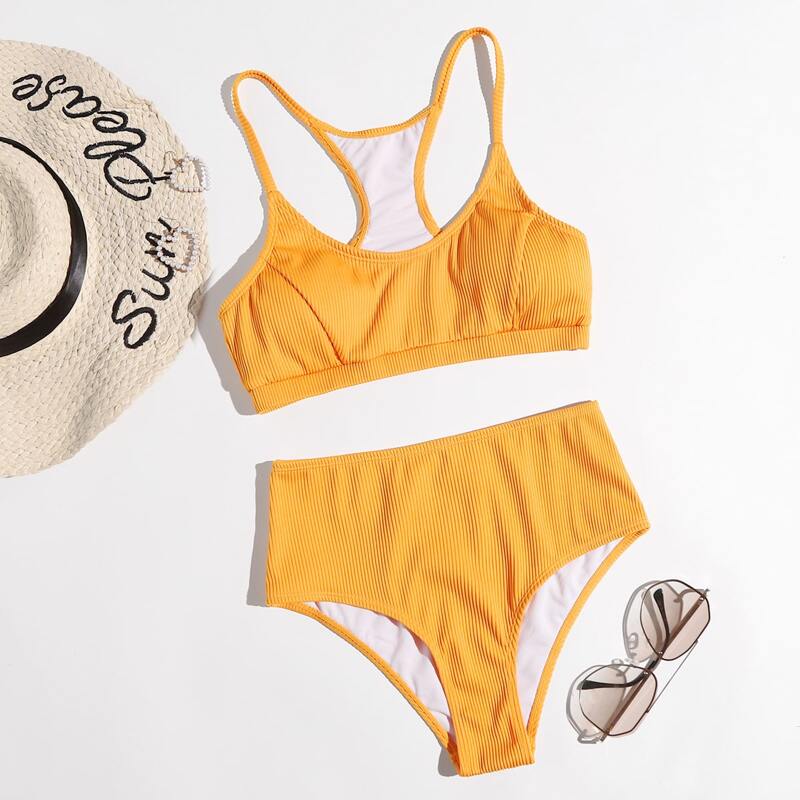 

Solid High Waist Bikini Swimsuit, Yellow