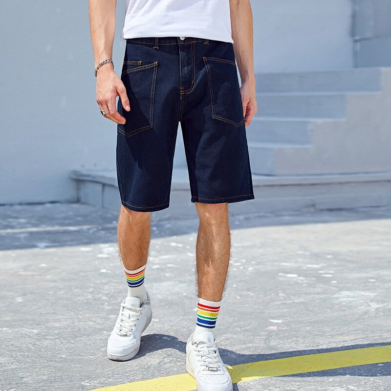 

Guys Contrast Topstitching Denim Shorts, Dark wash