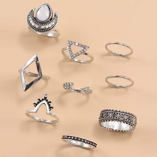 

9pcs Rhinestone Geo Decor Ring, Silver