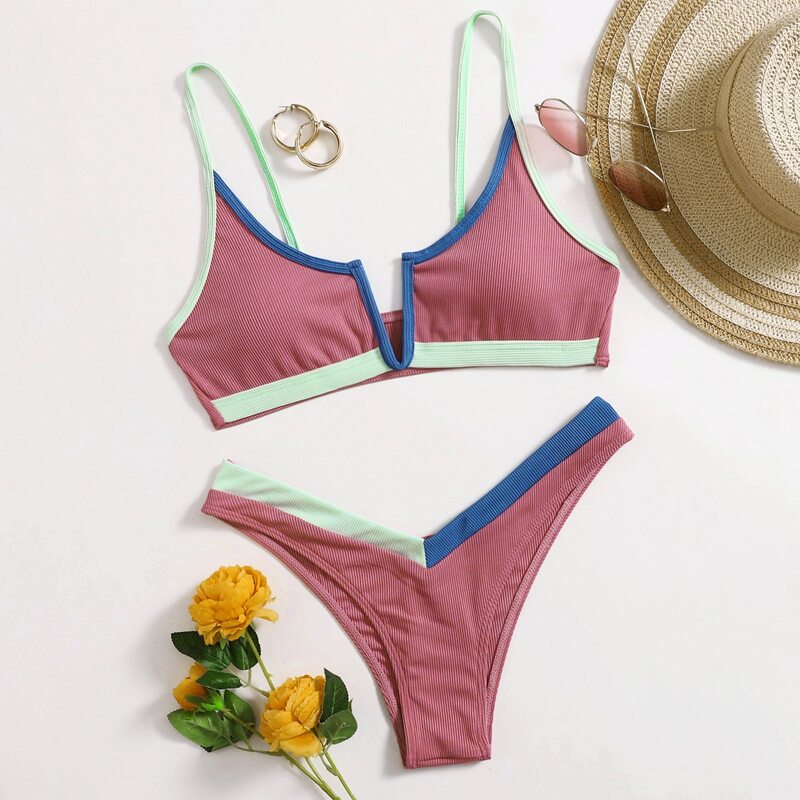 

Contrast Binding V-Wired Bikini Swimsuit, Multicolor