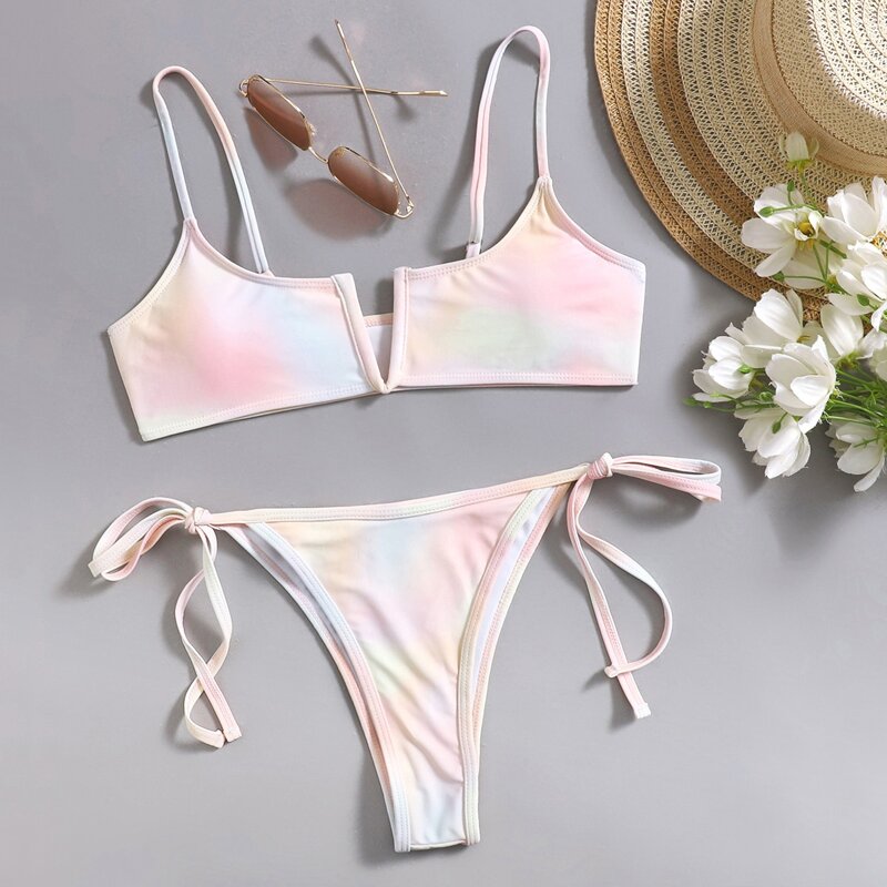 

Tie Dye V-wired Tie Side Bikini Swimsuit, Multicolor