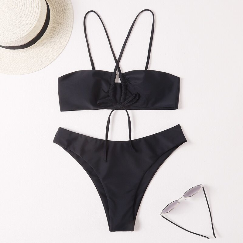 

Solid Cut-out High Cut Bikini Swimsuit, Black